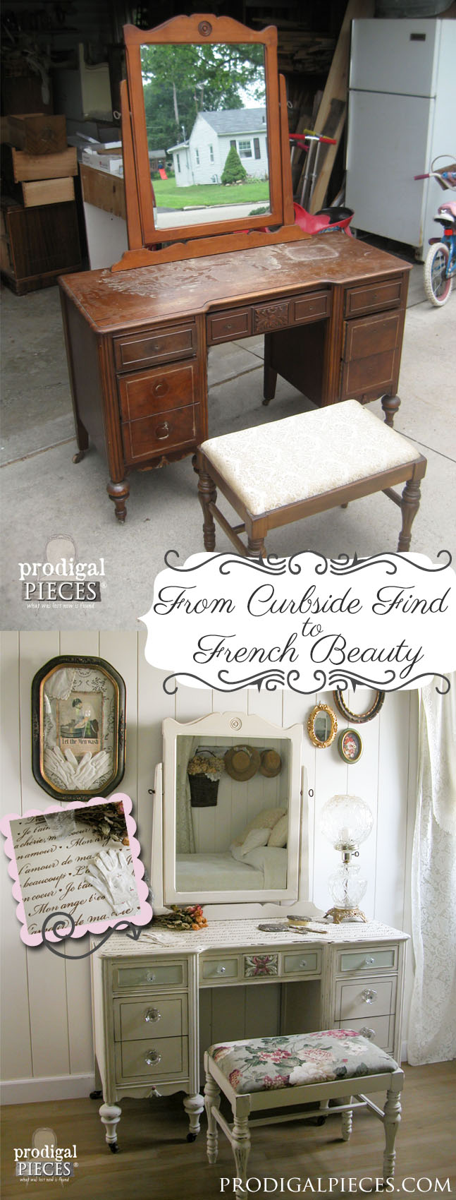 Curbside Vanity is Renewed with Fresh Look and French Script Stencil by Prodigal Pieces | prodigalpieces.com