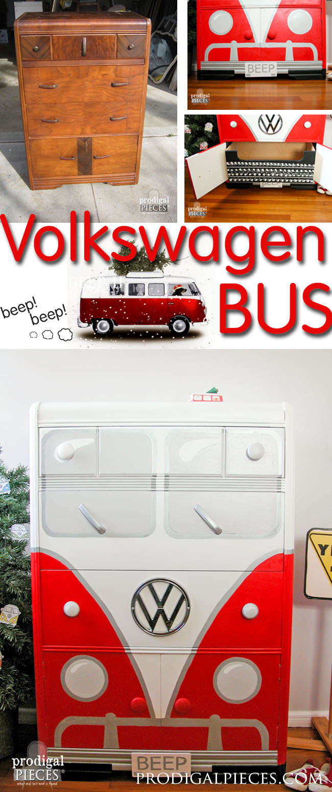 An Art Deco waterfall chest of drawers makes the perfect Volkswagen Bus. This time around it's all about that RED by Prodigal Pieces | prodigalpieces.com