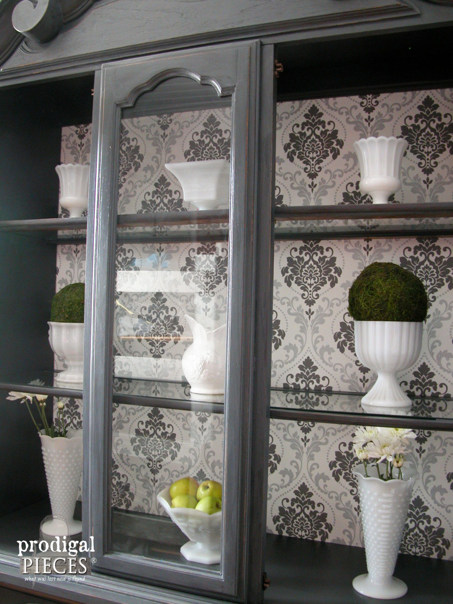 China Cabinet Makeover with Wallpaper