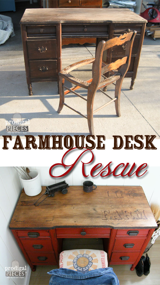 Farmhouse Desk Rescue with Woodburned Top by Prodigal Pieces | prodigalpieces.com