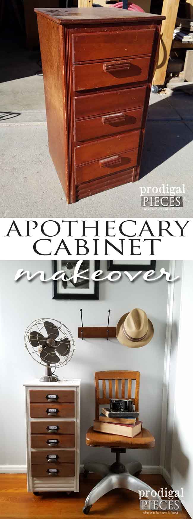 Ugly outdated stand gets industrial apothecary cabinet makeover. Get the DIY steps by Prodigal Pieces here at prodigalpieces.com