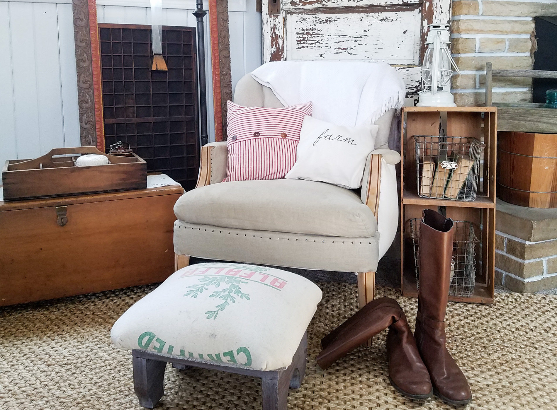 Feed Sack Footstool ~ Outdated Gone Farmhouse