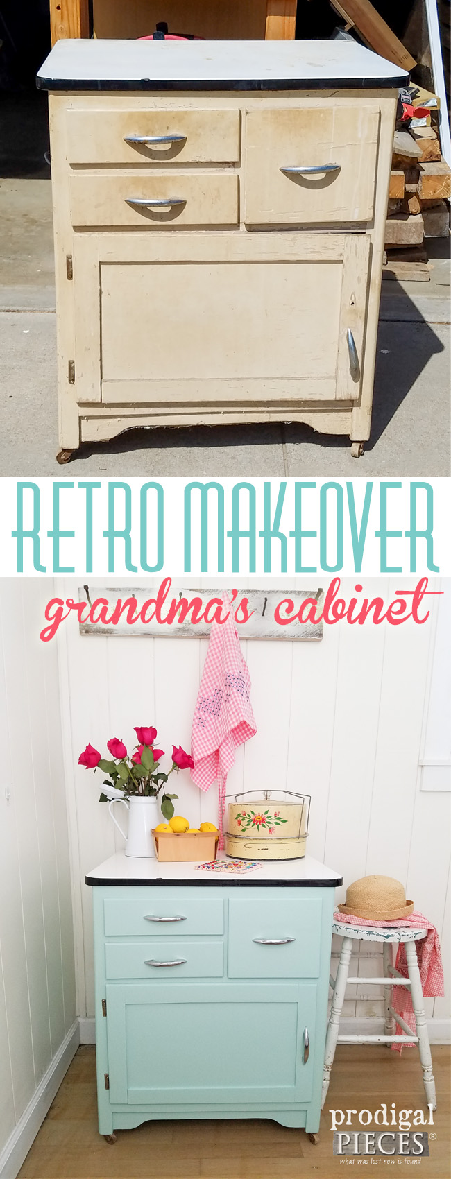 A vintage enamel cabinet was left to rot until Prodigal Pieces gave it new life. Come see the amazing transformation at prodigalpieces.com