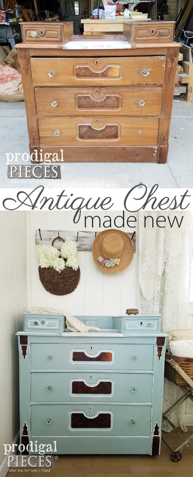 Beaten down antique chest made new with DecoArt Chalky Finish Paint and Vintage Effect Wash by Prodigal Pieces | prodigalpieces.com