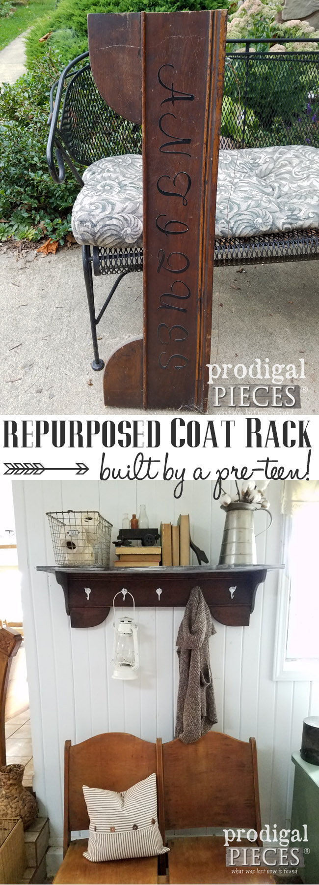 Check out this repurposed coat rack made by a pre-teen in farmhouse style. DIY on the blog at Prodigal Pieces | prodigalpieces.com