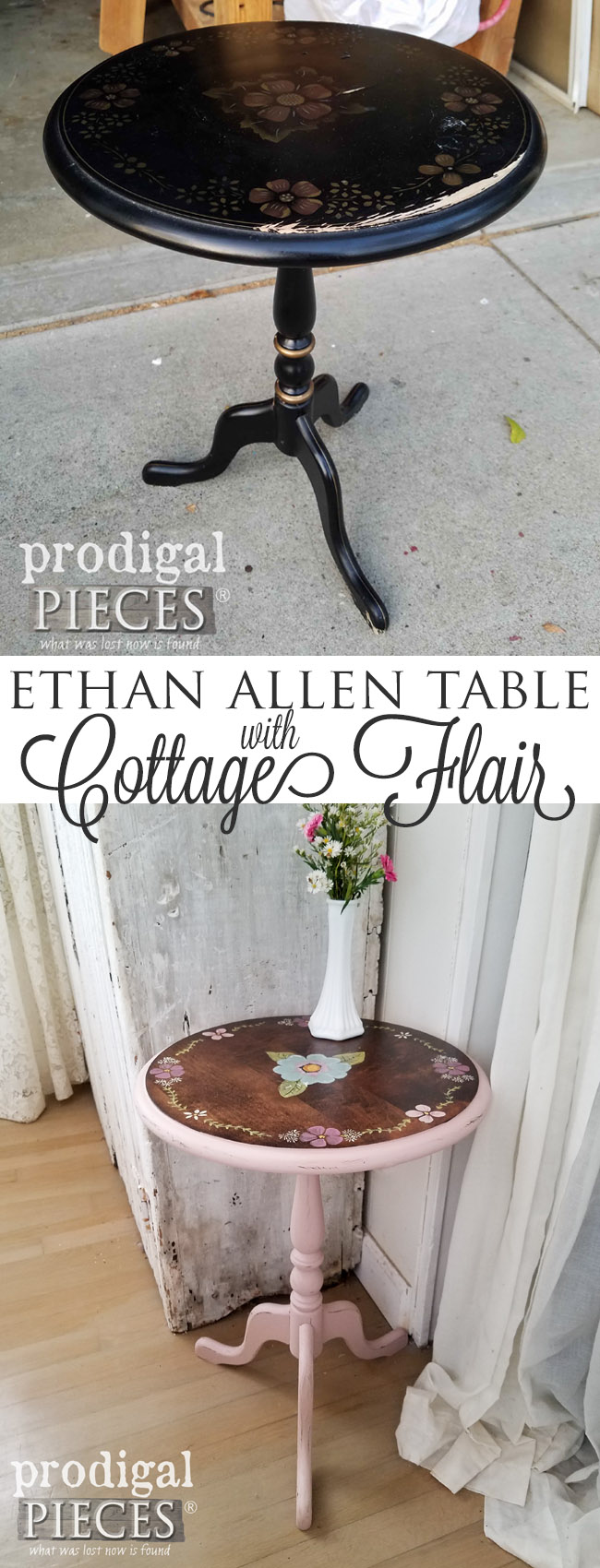So pretty! This vintage Ethan Allen table was looking sad, but with some TLC it now sports cottage flair. Come see! by Prodigal Pieces | prodigalpieces.com