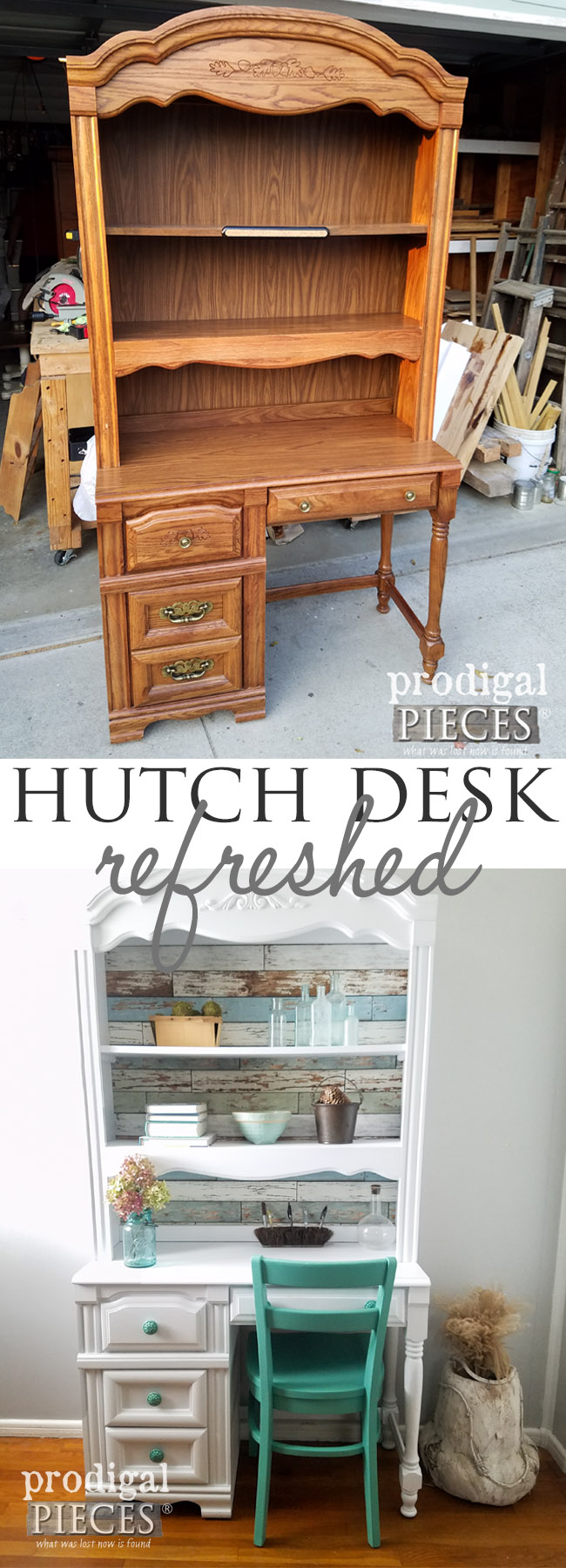 Oh my! This worn out looking Broyhill hutch desk has never looked so good. See how easy it can be to updated a dated piece with the help of Larissa at Prodigal Pieces | prodigalpieces.com