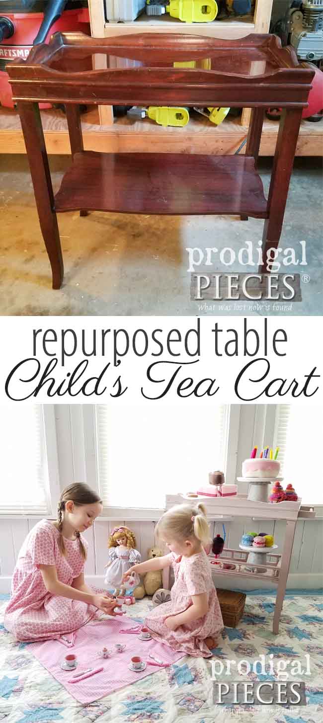 Oh my sweetness! Just look how cute this little child's tea cart is! Made from a repurposed side table by Larissa of Prodigal Pieces | prodigalpieces.com