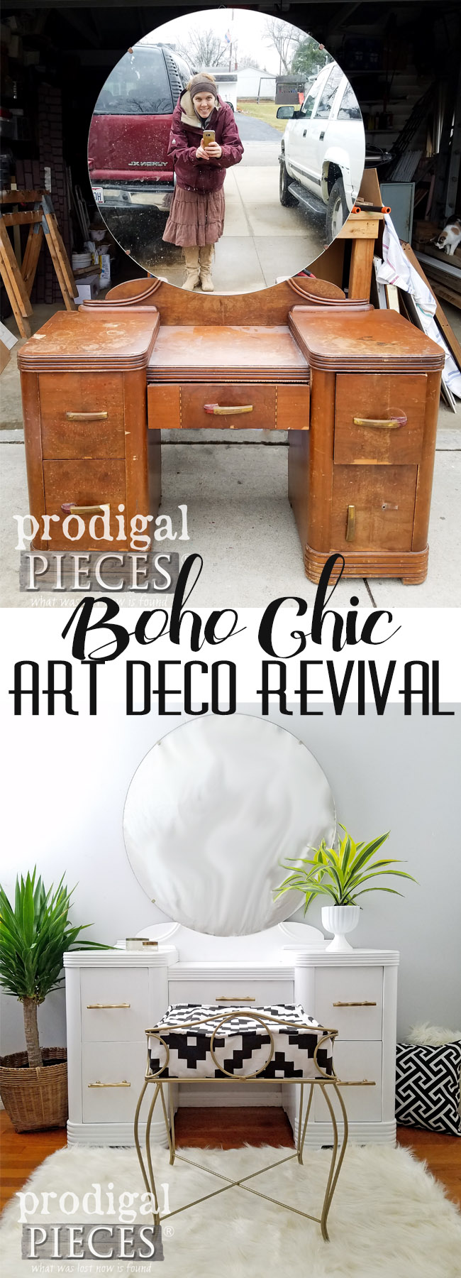 Oh my! This sad looking Art Deco vanity got a new lease on life with TLC by Larissa of Prodigal Pieces. Boho Chic is the new style and looks oh so good. DIY details at Prodigal Pieces | prodigalpieces.com
