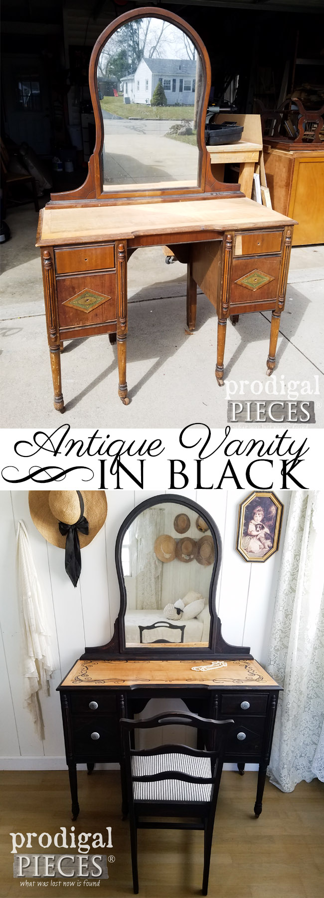 This worn and raw vanity needed a new lease on life. Larissa of Prodigal Pieces ran with the feel of it and turned it into a gorgeous black antique vanity. See the details at prodigalpieces.com