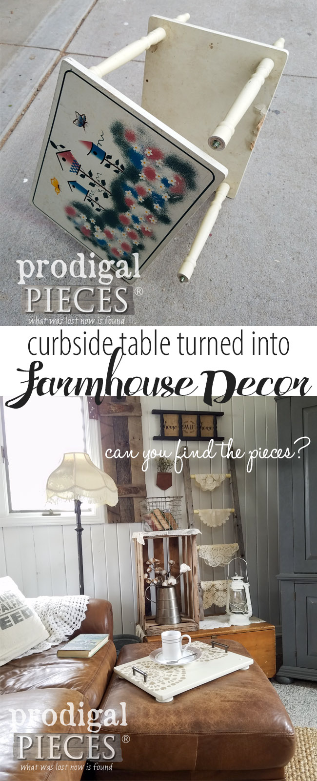 Isn't it amazing how a repurposed side table can be turned into farmhouse decor? Come see how Larissa of Prodigal Pieces and her son get the job done DIY style and share how you can do it too at prodigalpieces.com