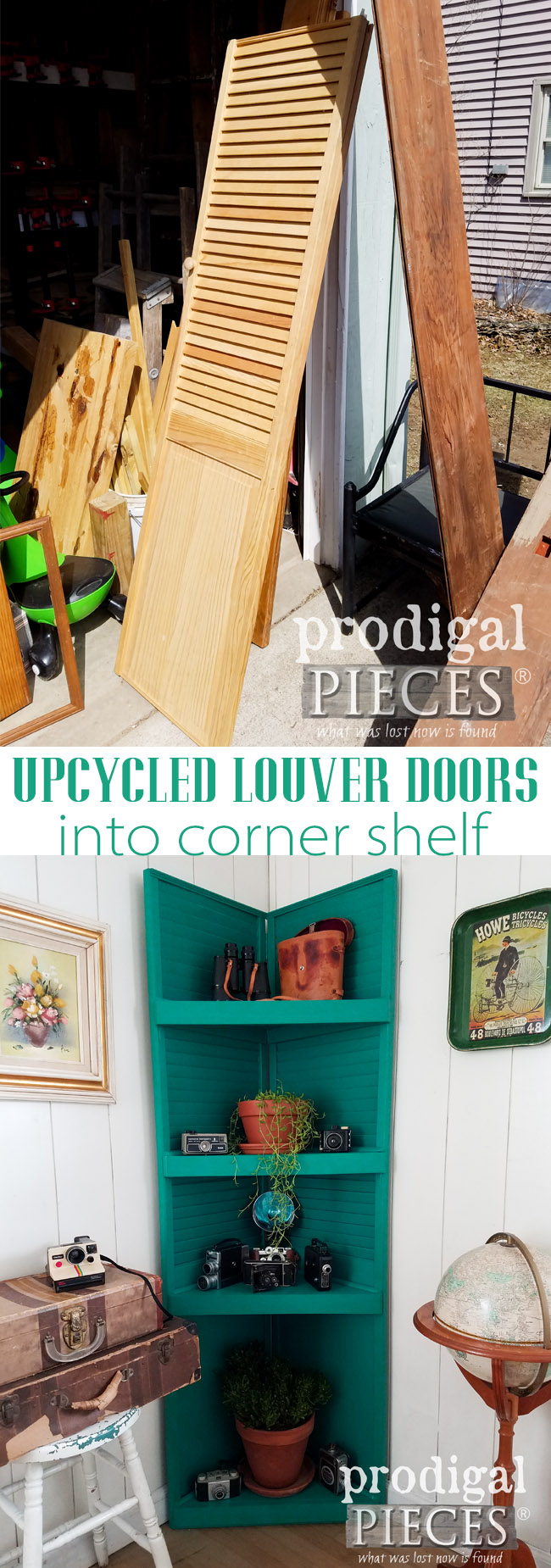 Grab those old louver doors and get your build on! You can create this upcycled louver door corner shelf with a few basic supplies and the right tools. Come get the tutorial by Larissa of Prodigal Pieces at prodigalpieces.com