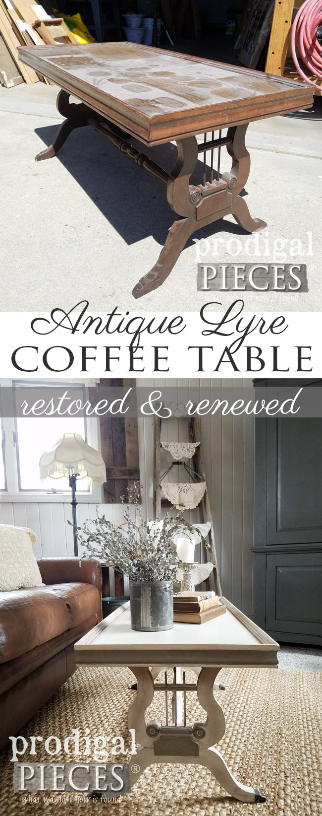 What a save! This broken antique lyre coffee table had seen better days, but Larissa of Prodigal Pieces saw fit to restore it and give it new life. Details at prodigalpieces.com prodigalpieces furniture homedecor shopping