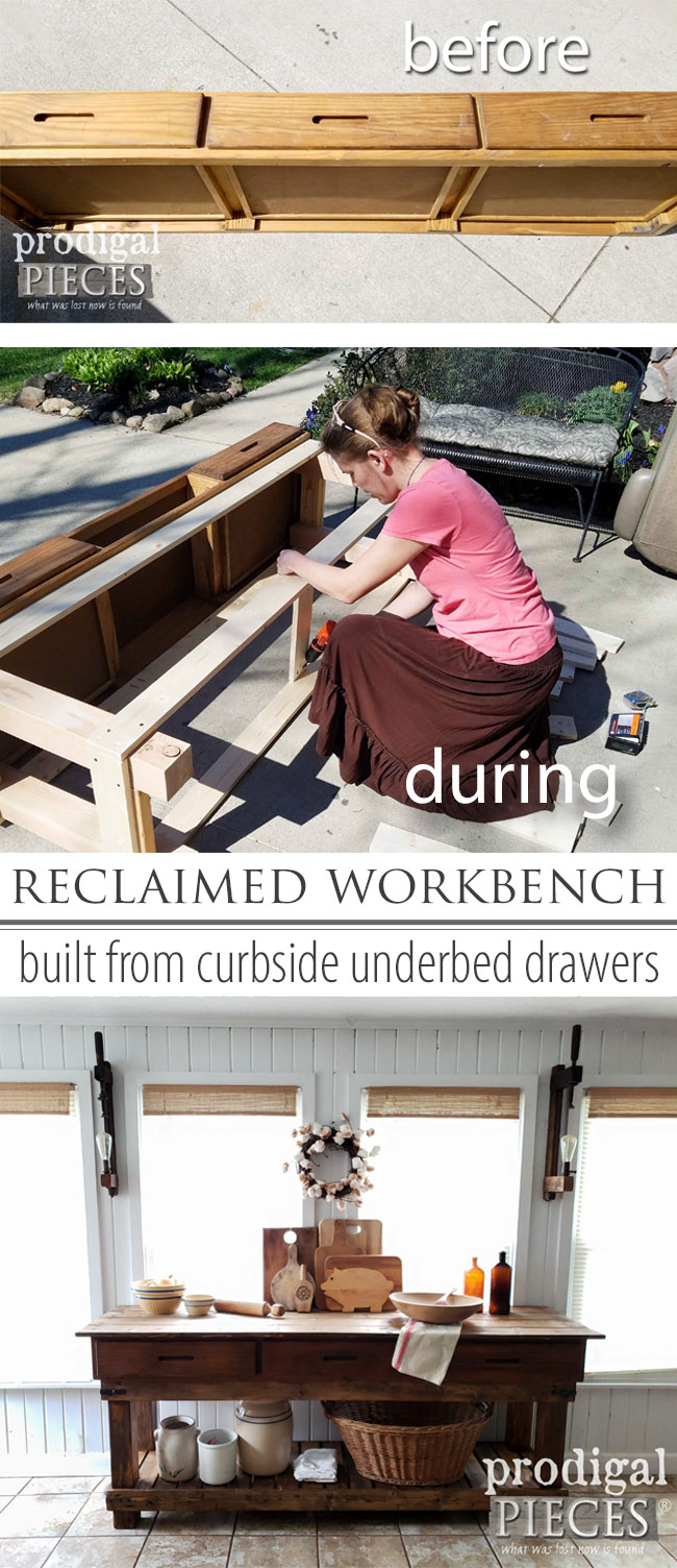 From curbside underbed drawers to a rustic farmhouse workbench for kitchen or console. Larissa of Prodigal Pieces loves taking trash and turning it into trashure . Come see the DIY details at prodigalpieces.com prodigalpieces farmhouse furniture homedecor shopping