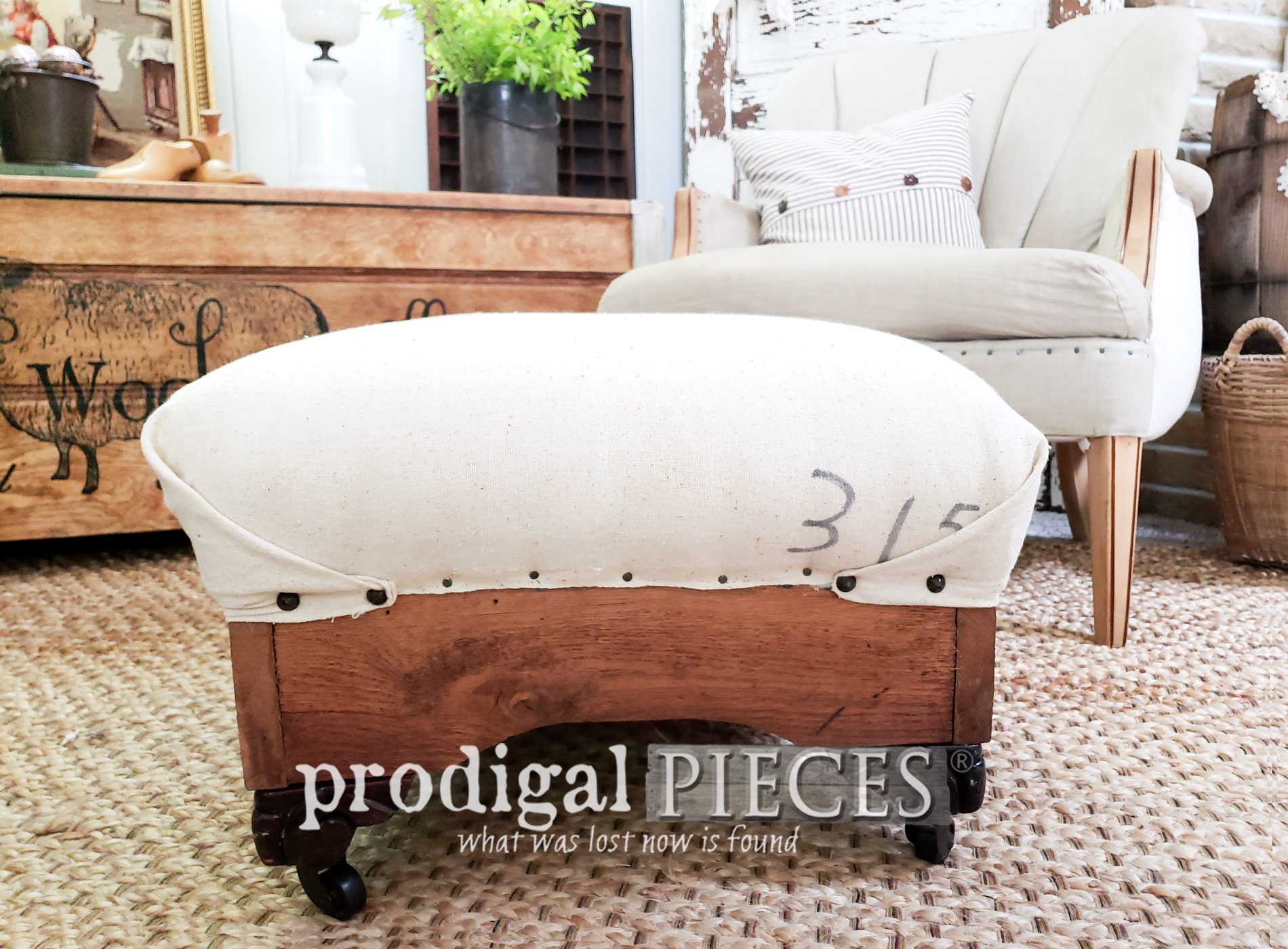 Deconstructed Ottoman with Feed Sack Upholstery