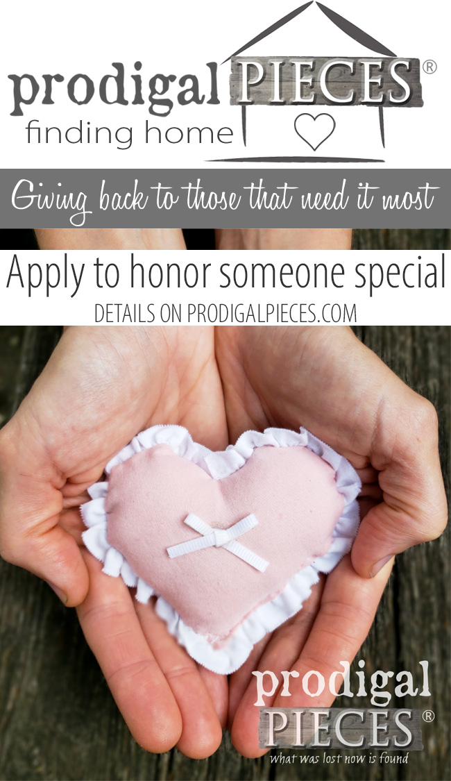 Do you want to honor a special person in your life that deserves a HUG? Finding Home by Prodigal Pieces is taking applications for honorees that will receive a gift like they've never had before. Details at prodigalpieces.com prodigalpieces findinghome furniture