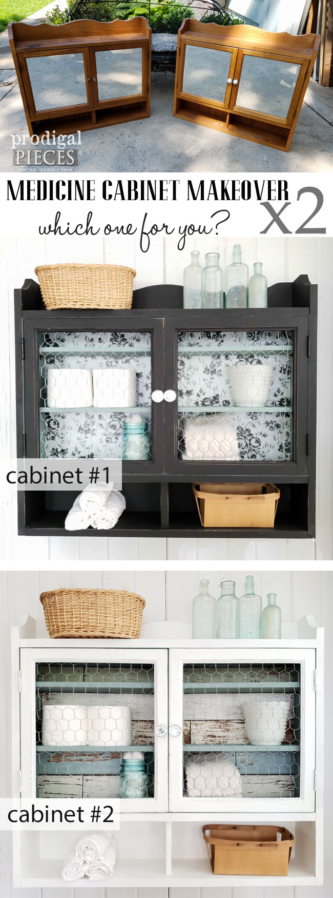 Check out this thrifted medicine cabinet makeover by Larissa of Prodigal Pieces. This pair looks like night and day compared to their original look. Easy DIY steps to recreate your home decor at prodigalpieces.com prodigalpieces homedecor farmhouse diy