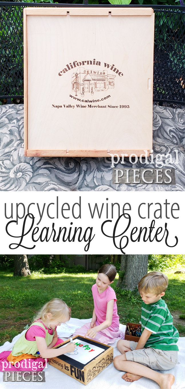 How cute is this?! This upcycled wine crate was turned into a learning center complete with dry erase, chalkboard, magnetic fun and more! See the DIY at Prodigal Pieces | prodigalpieces.com