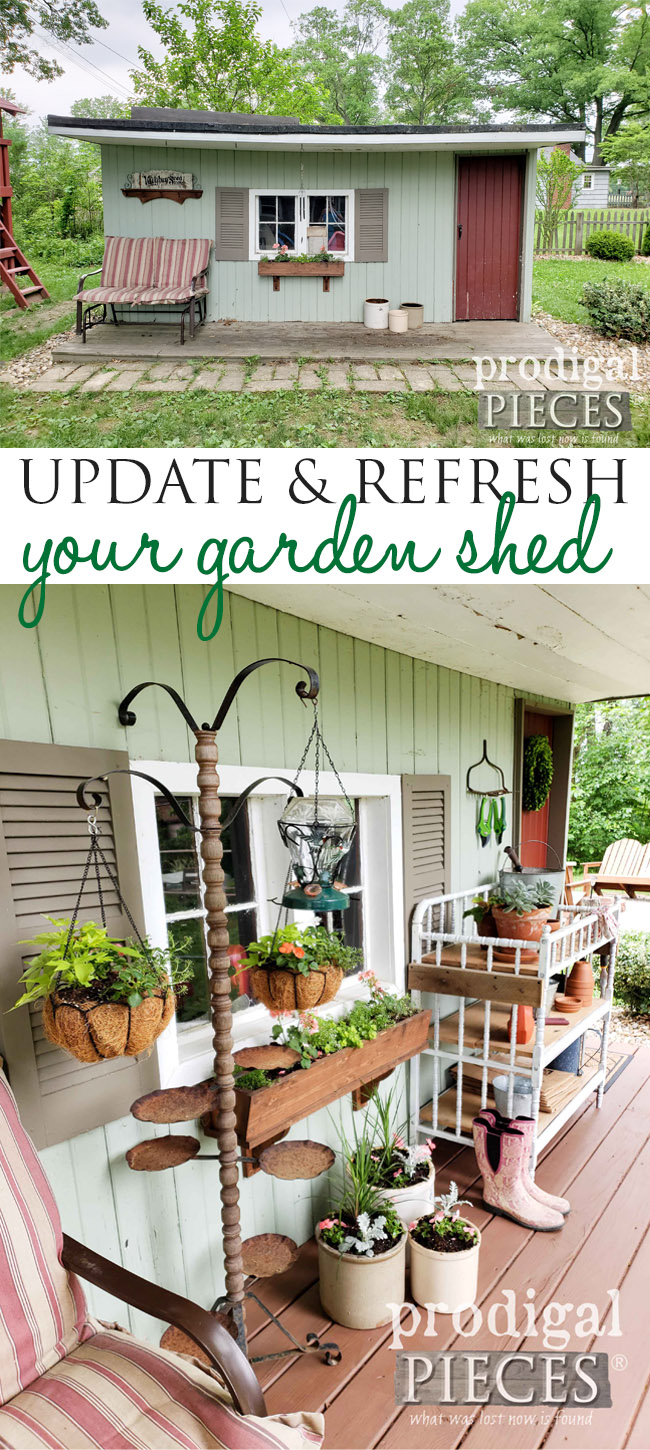 What a fabulous update to this worn down garden shed. With a bit of DIY elbow grease and upcycled finds, it has a fresh new look. Details at Prodigal Pieces | prodigalpieces.com