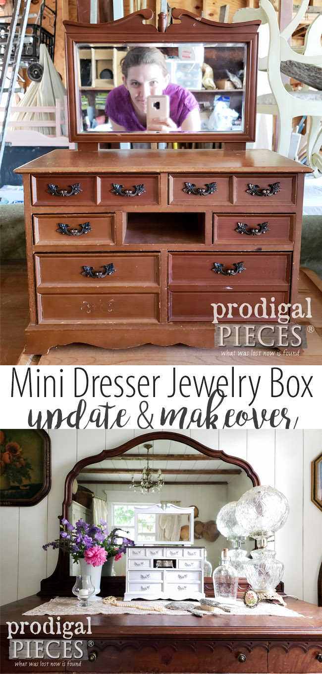 How cute!! This musical jewelry box mini dresser got a fresh new look with DIY fun. Come see the details at Prodigal Pieces | prodigalpieces.com