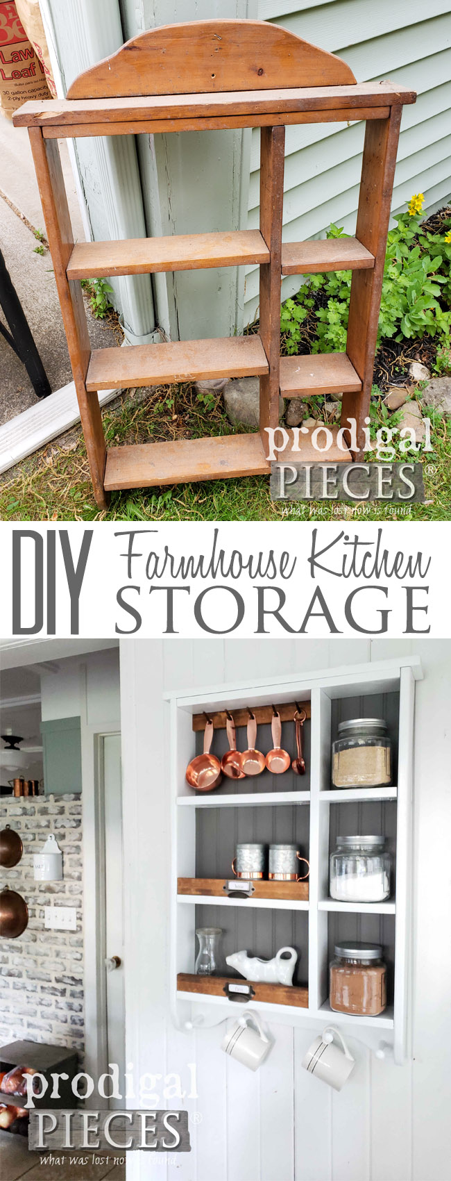 Wow! This tired looking shelf was transformed into fantastic farmhouse kitchen storage with a little elbow grease. See the DIY details at Prodigal Pieces | prodigalpieces.com prodigalpieces homedecor farmhouse diy shopping