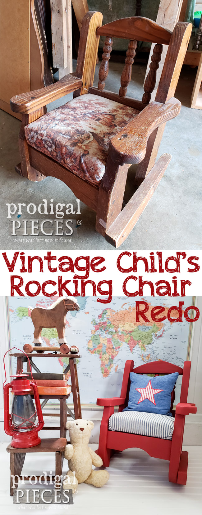 Oh my...I think every 80's child had that upholstery in their home! This vintage child's rocking chair needed an update and some TLC. Get the DIY details by Larissa at Prodigal Pieces at prodigalpieces.com | prodigalpieces furniture homedecor handmade kids