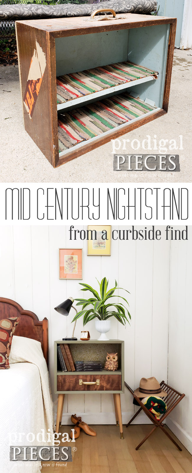 Say whaaat? Larissa of Prodigal Pieces found a piece of handmade luggage on the curb and turned it into a Mid Century Modern Nightstand. Awesome! See the DIY details at prodigalpieces.com prodigalpieces diy handmade homedecor shopping furniture