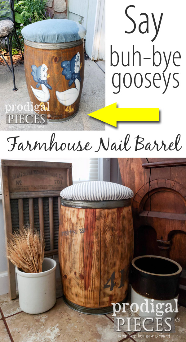An 80's style stool gets a rustic update. See how this farmhouse nail barrel stool got a new look at Prodigal Pieces | prodigalpieces.com prodigalpieces handmade home homedecor diy furniture homedecorideas