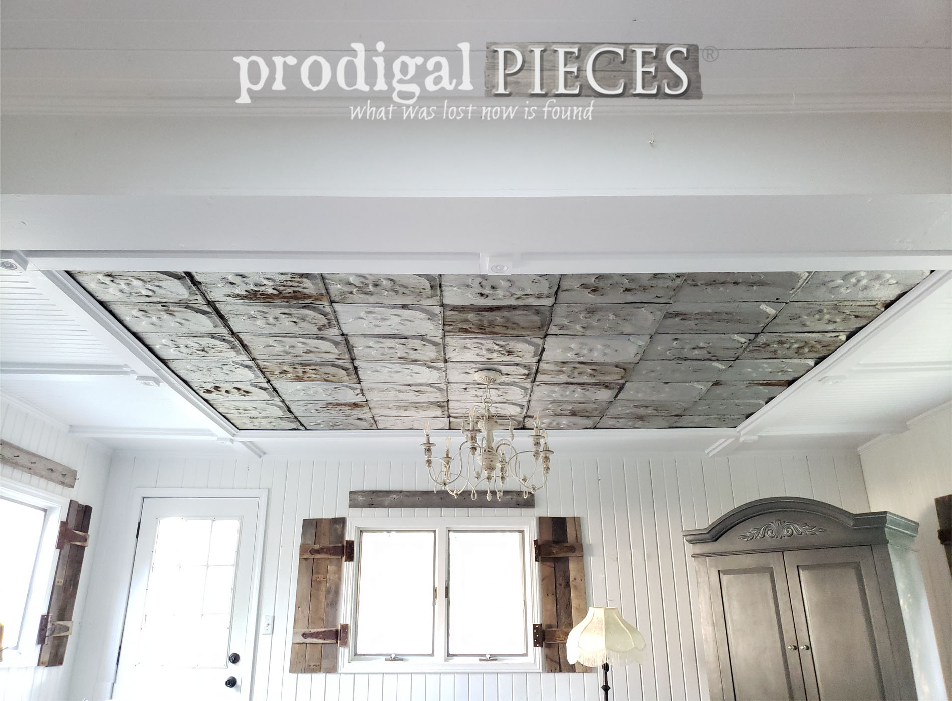 DIY Coffered Ceiling with Antique Barn Roof Shingles