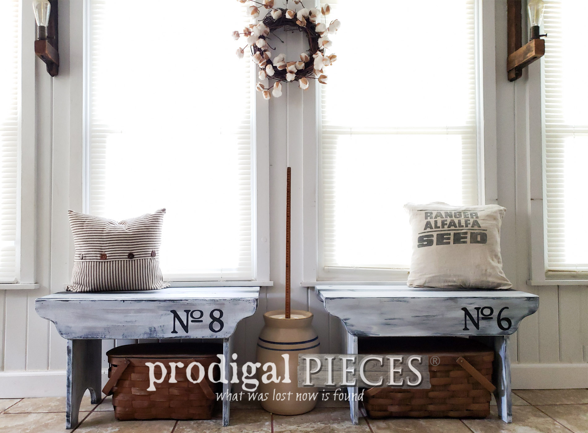 Farmhouse Benches with Grain Sack Stripe