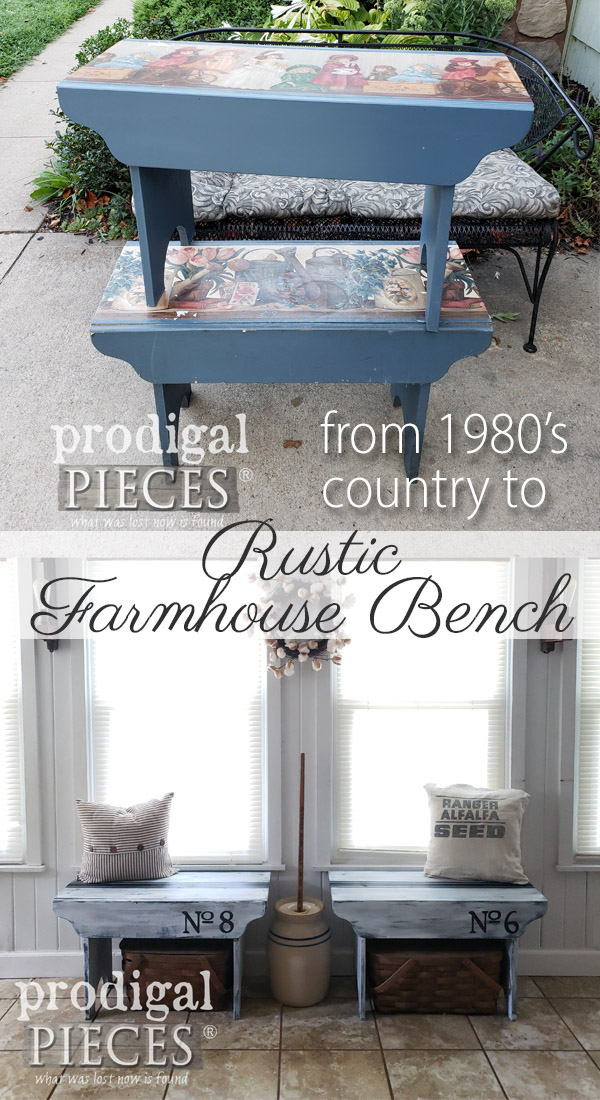 Goodbye 80's country blue and hello rustic farmhouse. These benches were meant to be farmhouse benches with bit of paint and know-how. Get the DIY details at Prodigal Pieces | prodigalpieces.com prodigalpieces handmade furniture farmhouse diy homedecor home homedecorideas
