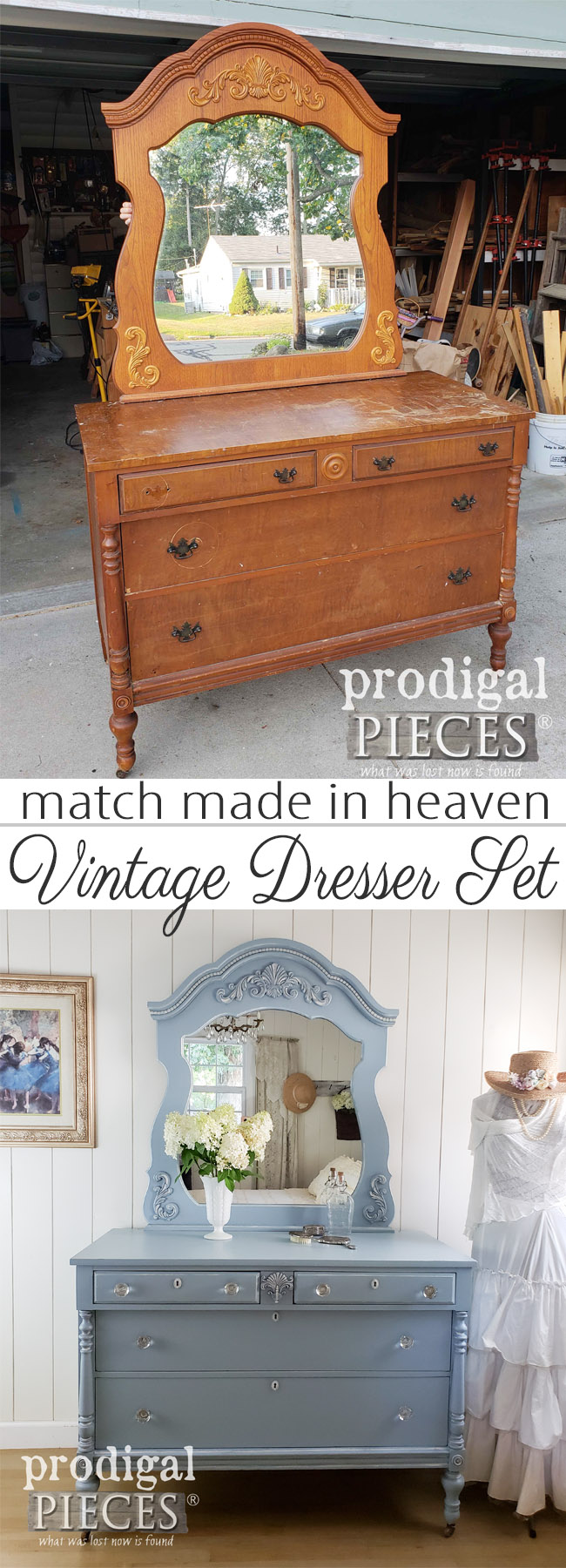 Fantastic! This cast-off mirror is married to this antique dresser for a lovely upcycled dresser set makeover by Larissa of Prodigal Pieces | See the details at prodigalpieces.com