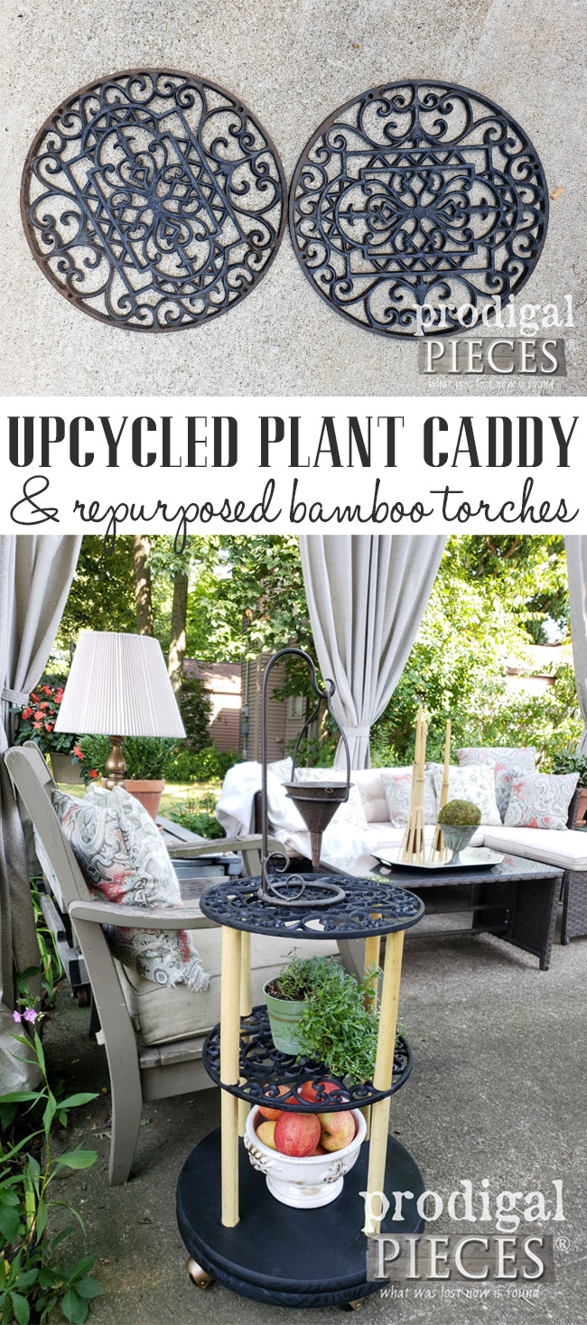 From Trash to Upcycled Plant Caddy, this cast iron and bamboo creations adds interest and function to your outdoor decor. Plus, repurposed bamboo torches for DIY decor too. Get all the details at Prodigal Pieces | prodigalpieces.com prodigalpieces handmade outdoor diy homedecor