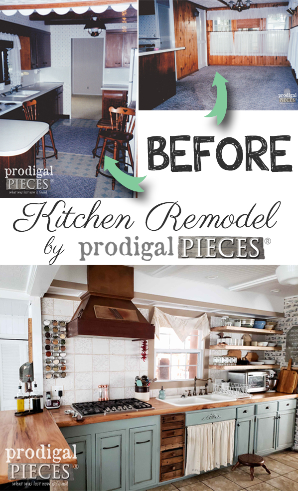 From dated to old world farmhouse, this kitchen remodel is a must see. Head to Prodigal Pieces for the DIY details on flooring, reclaimed counters, open shelving all on a budget. | prodigalpieces.com prodigalpieces diy home handmade remodel remodeling kitchen