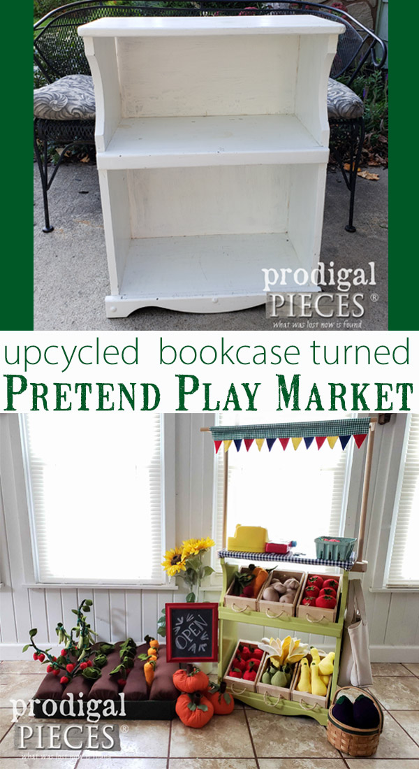 Say whaat?! This upcycled bookcase was turned into an adorable pretend play farmer's market stand. Larissa of Prodigal Pieces shared the DIY details on her blog prodigalpieces.com | prodigalpieces kids toys handmade home homedecor furniture diy
