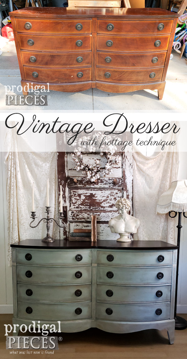 What a difference! This vintage Dixie dresser with bow front style got a facelift using frottage technique to create time-worn wear. Get the DIY details at Prodigal Pieces | prodigalpieces.com prodigalpieces diy furniture home homedecor homedecorideas vintage
