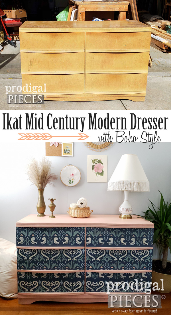 From damaged to Boho beauty, this vintage Ikat Mid Century Modern Dresser Makeover is one you need to see. Full step-by-step video tutorial by Larissa of Prodigal Pieces | prodigalpieces.come prodigalpieces diy furniture home homedecor homedecorideas bedroom boho midcenturymodern vintage