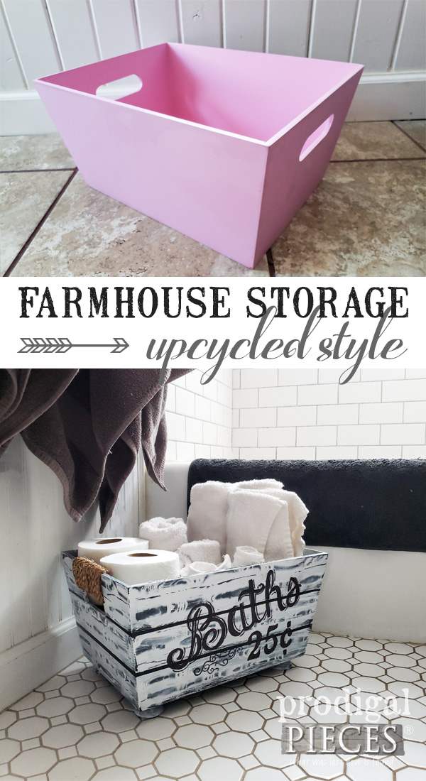 DIY Farmhouse Bathroom Storage from a Thrifted Pink Bin | Video tutorial by Larissa of Prodigal Pieces | prodigalpieces.com prodigalpieces diy farmhouse home shopping homedecor videos tutorial homedecorideas