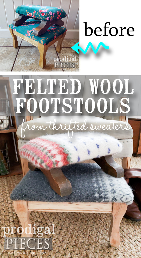 Grab those wool sweaters and give your footstool a cute and cozy update. These felted wool footstools are sure to be favorite. Full of Nordic farmhouse style and easy to do with the step-by-step video tutorial by Larissa of Prodigal Pieces | Head to prodigalpieces.com prodigalpieces diy handmade furniture shopping vintage home homedecorideas homedecor
