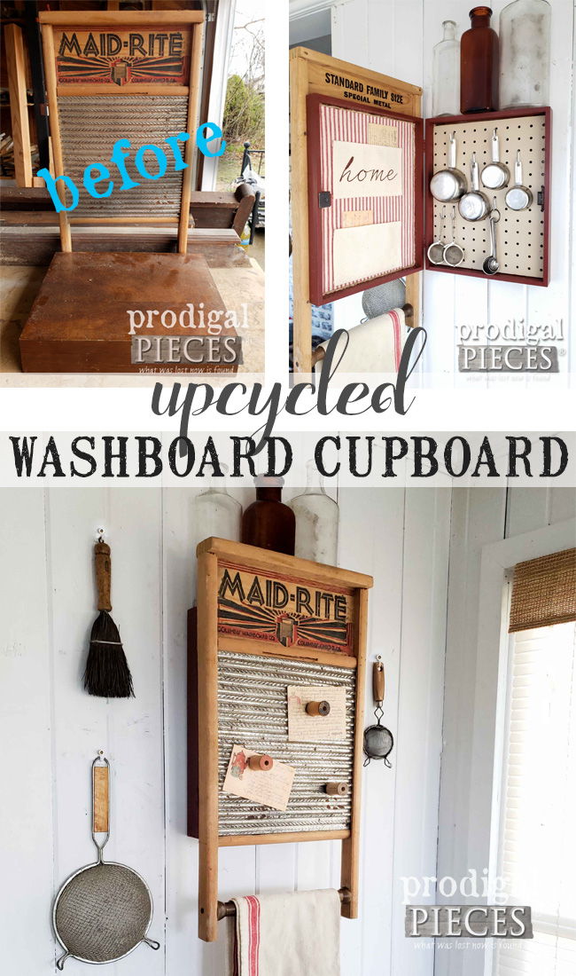 So fun! Larissa of Prodigal Pieces took a vintage washboard and old silverware box to create this farmhouse style upcycled washboard cupboard. Come see the details at prodigalpieces.com prodigalpieces diy storage handmade farmhouse home homedecor vintage