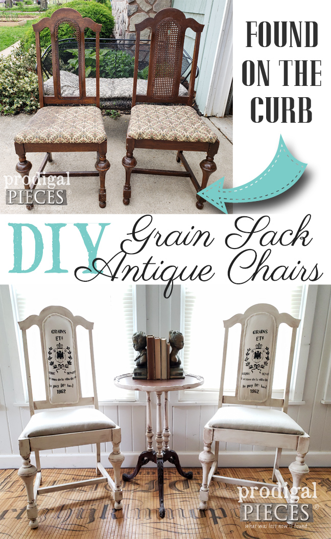 Broken Cane Chairs Found Curbside Get a New Lease on Life by Larissa of Prodigal Pieces | Check out this DIY Grain Sack Chair Tutorial by Larissa of Prodigal Pieces | prodigalpieces.com prodigalpieces diy home furniture homedecor