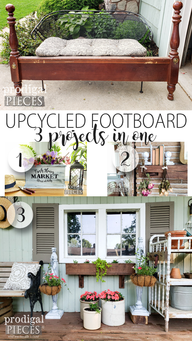 DIY Upcycled Footboard Made into 3 Different Projects: Plant Hanger Stands, Bookends, and Planter Box | Full project at prodigalpieces.com prodigalpieces diy home homedecor handmade farmhouse garden