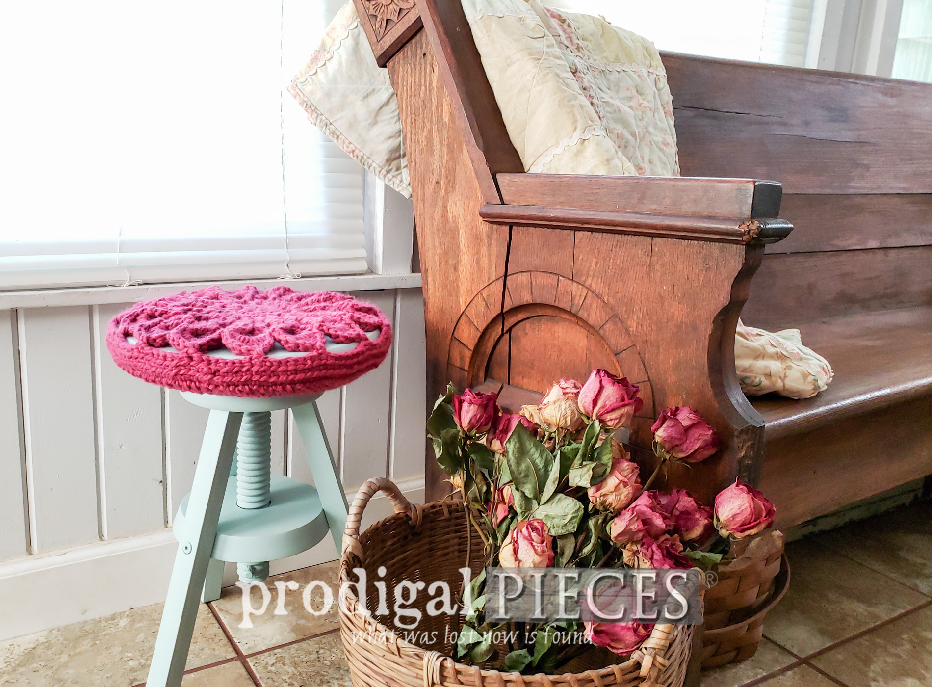 Cottage Style Stool with Crochet Seat Cover