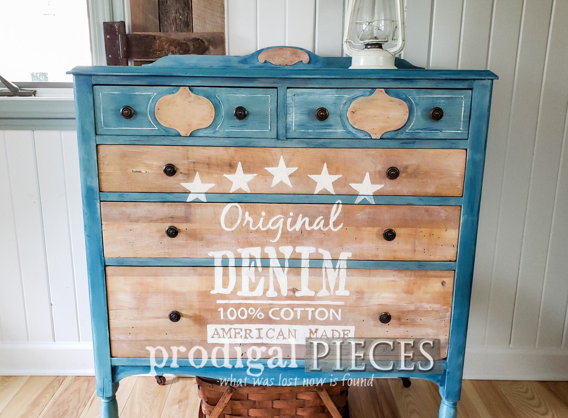 DIY Denim Paint on Antique Chest of Drawers