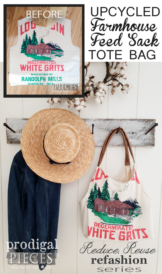 How cute is this upcycled feed sack tote bag created by Larissa of Prodigal Pieces of the Reduce, Reuse, Refashion series | visit prodigalpieces.com for more details | prodigalpieces diy fashion sewing bag farmhouse