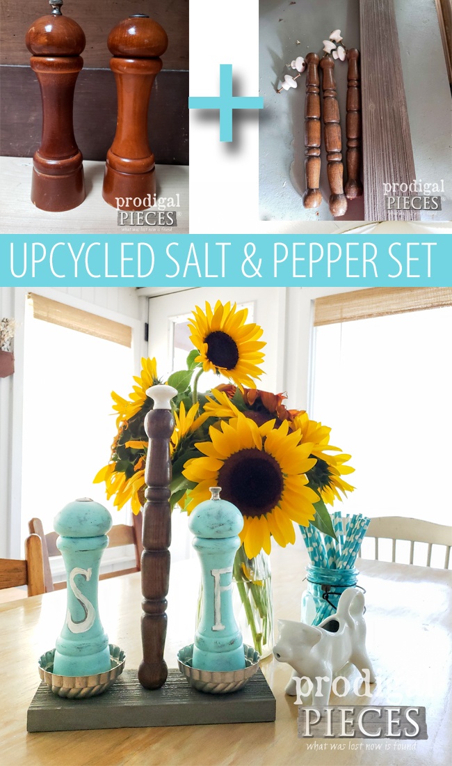 Check out this fun upcycled salt & pepper set with handmade stand. Oh so cute! See the DIY details at Prodigal Pieces | prodigalpieces.com prodigalpieces diy home farmhouse homedecor vintage upcycle