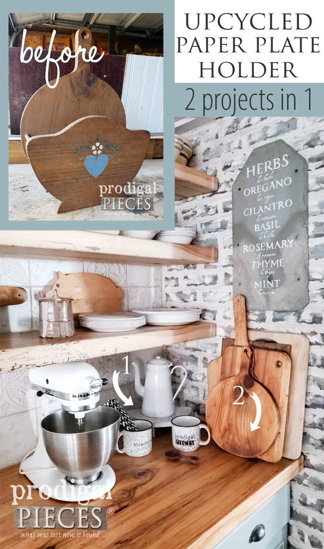This upcycled paper plate holder became two new farmhouse style decor items for the kitchen. See how Larissa of Prodigal Pieces did it here at prodigalpieces.com prodigalpieces farmhouse home homedecor diy