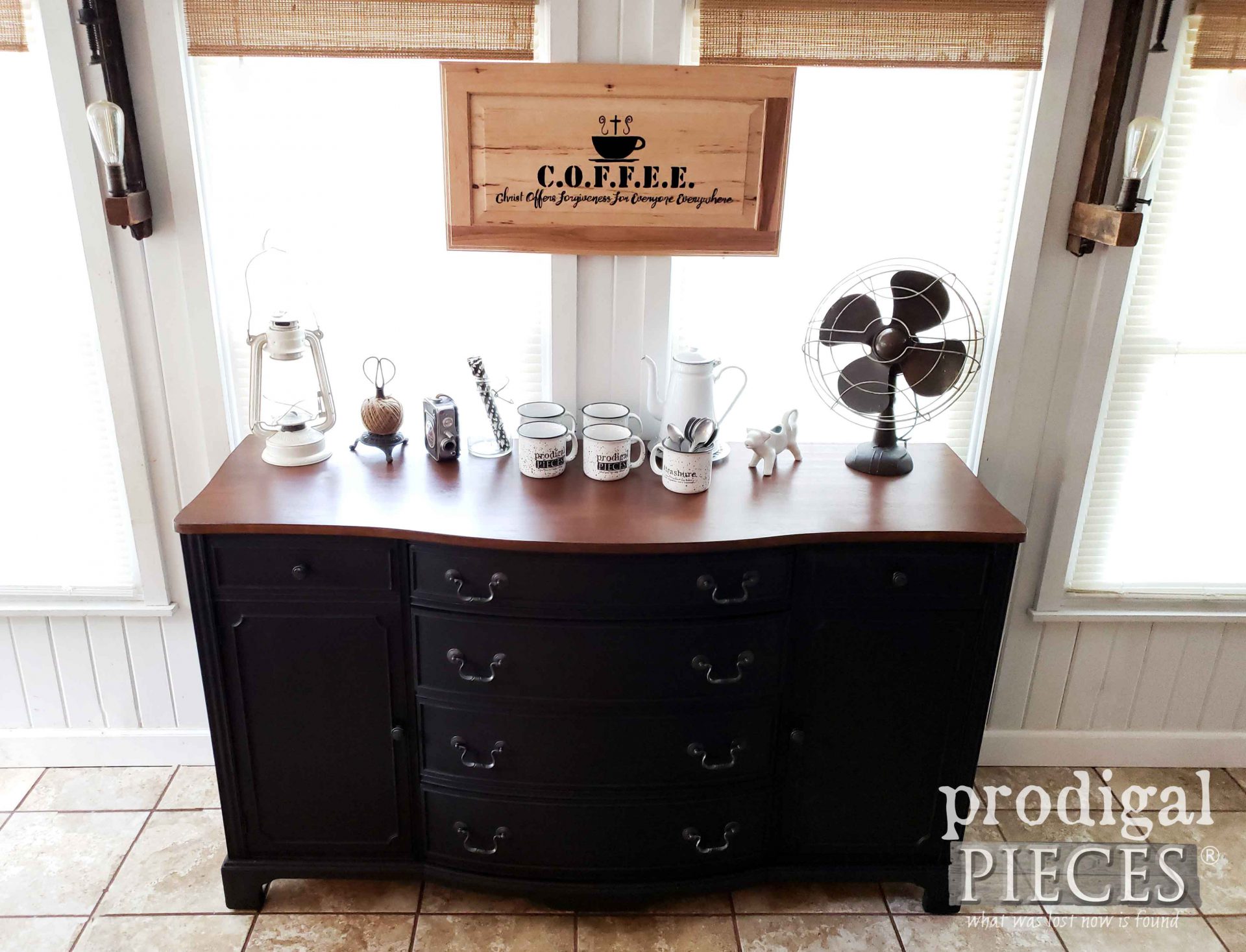 Black Buffet Coffee Bar Top by Larissa of Prodigal Pieces | prodigalpieces.com prodigalpieces diy home farmhouse coffee homedecor Black Buffet Coffee Bar Top by Larissa of Prodigal Pieces | prodigalpieces.com prodigalpieces diy home farmhouse coffee homedecor