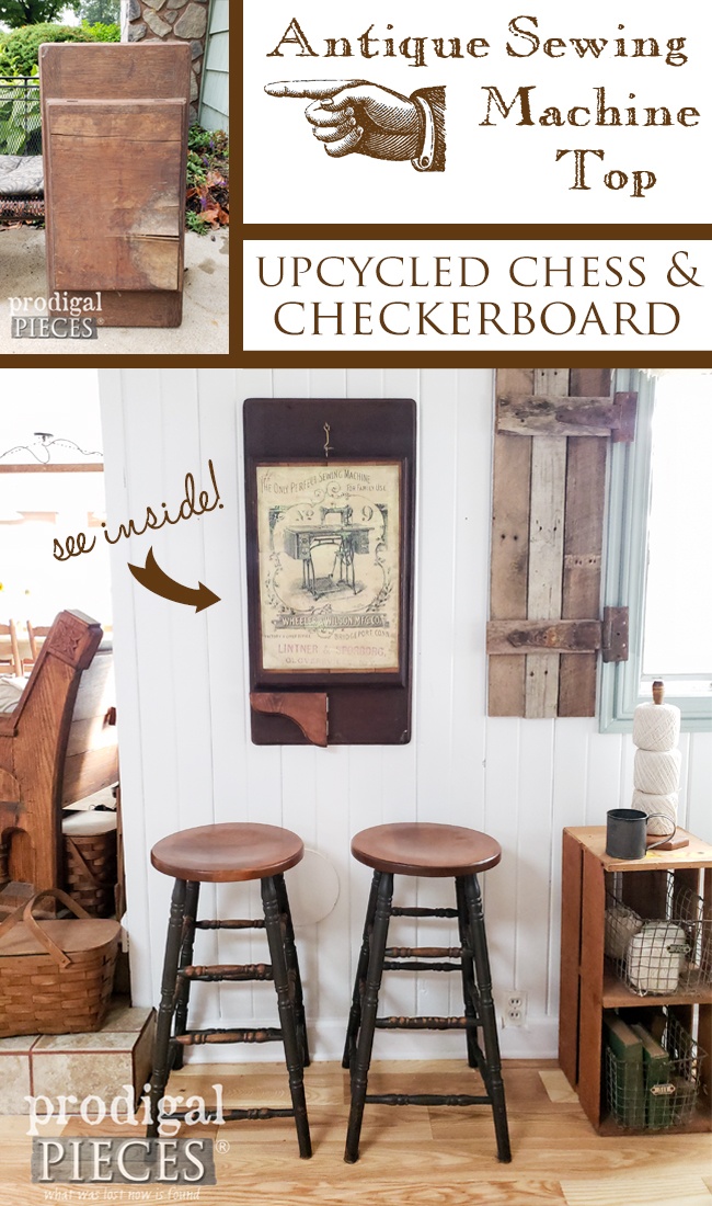 Check this out! An antique treadle sewing machine gets recreated into a chess & checkerboard set for your home. Full tutorial by Larissa of Prodigal Pieces at prodigalpieces.com prodigalpieces handmade home homedecor toys farmhouse