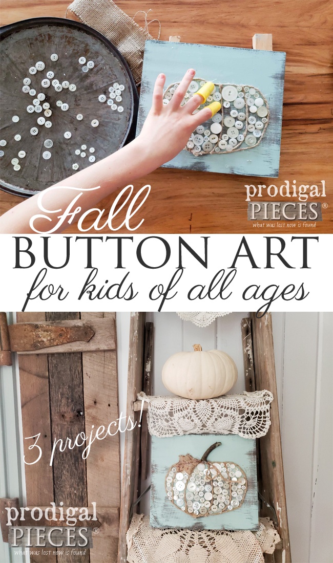 Break out those vintage buttons and create this super cute fall pumpkin button art. Three different projects for you and your kids to create for Prodigal Pieces Kids CREATE | Video tutorial at prodigalpieces.com prodigalpieces kids crafts pumpkin fall home homedecor farmhouse